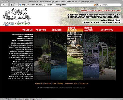Landscape Design of Westchester - Aquascape pools. Sample of homepage. Site Design by FRS